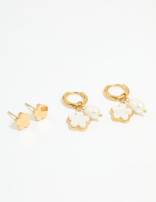 Waterproof Gold Plated Stainless Steel Freshwater Pearl Flower Earrings 2-Pack