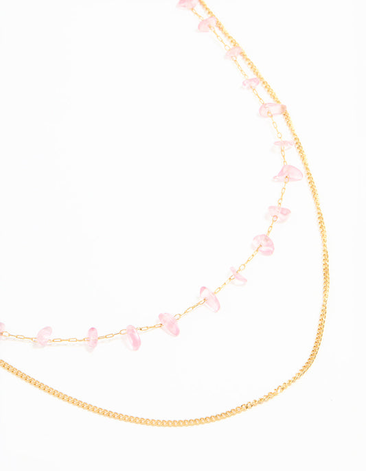 Waterproof Gold Plated Stainless Steel Pink Semiprecious Stone & Chain Layered Necklace