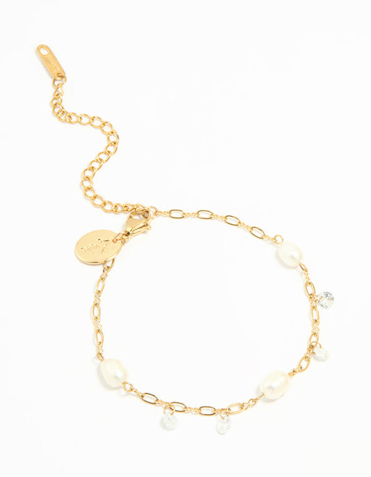 Waterproof Gold Plated Stainless Steel Cubic Zirconia Pearl Bracelet