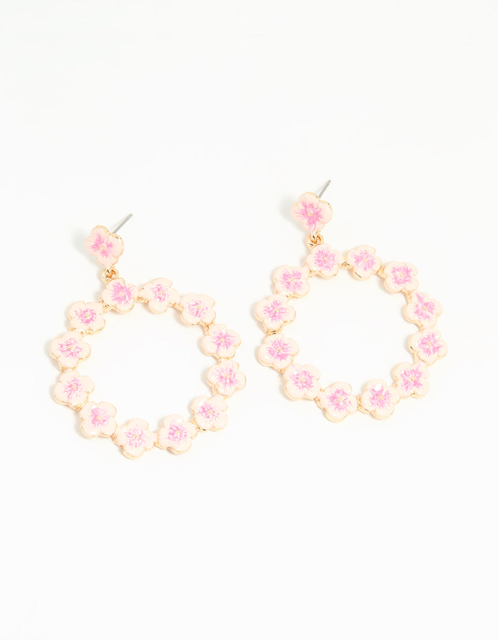 Gold Pink Flower Drop Earrings