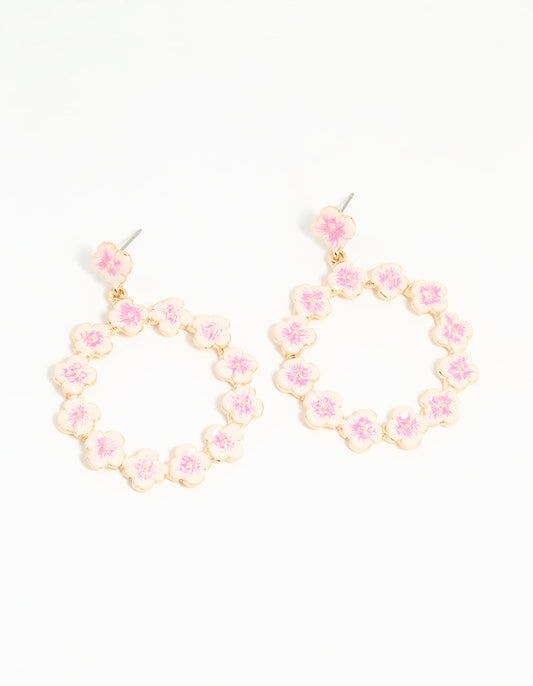 Gold Pink Flower Drop Earrings