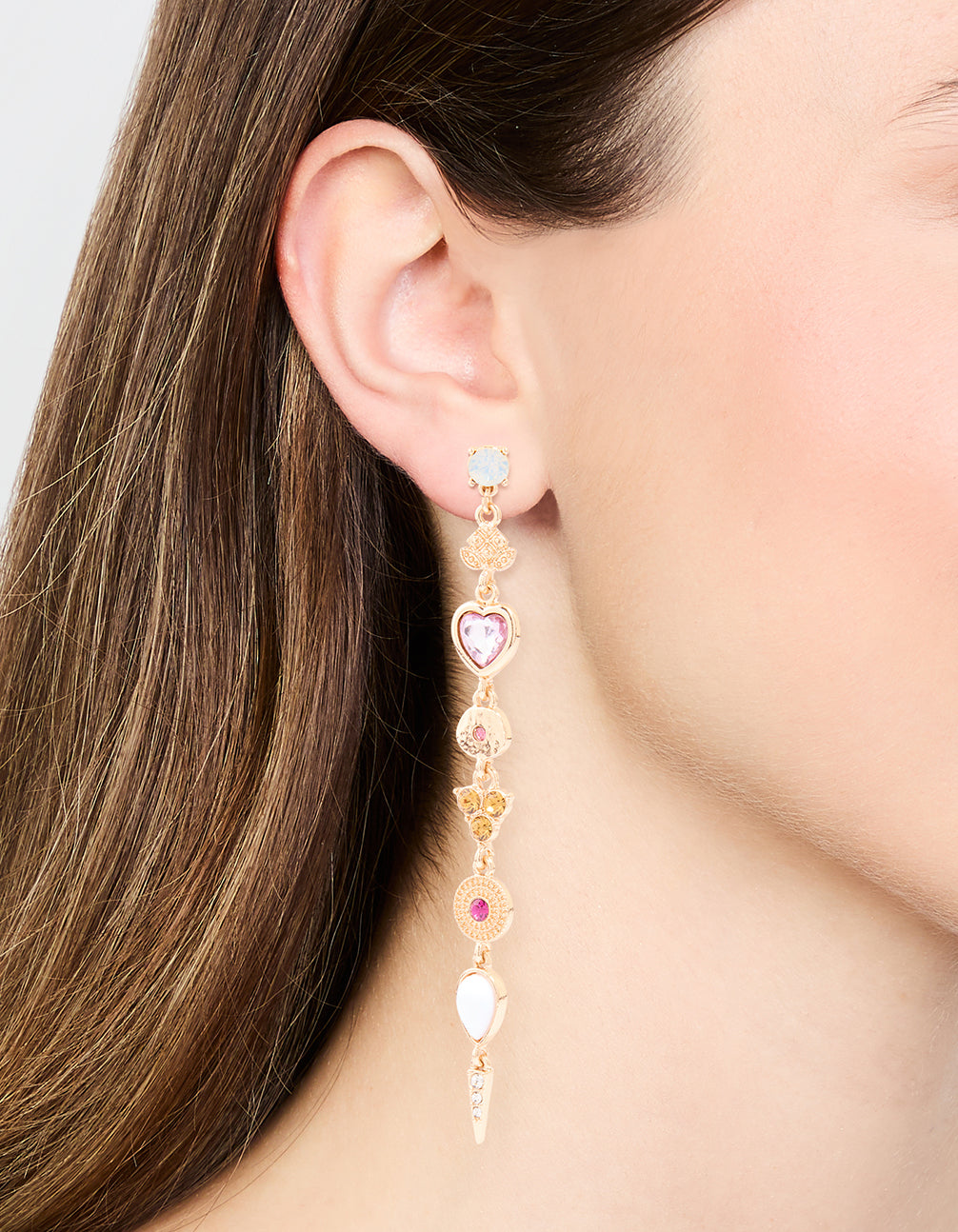 Gold Diamante Multi Shaped Long Drop Earrings