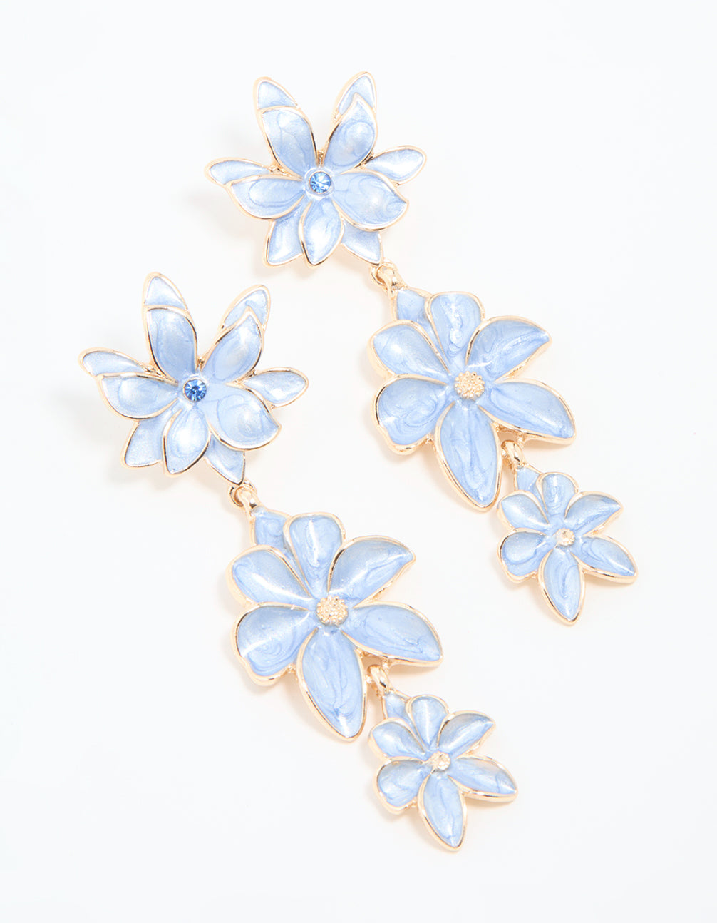Gold Blue Triple Flower Drop Earrings