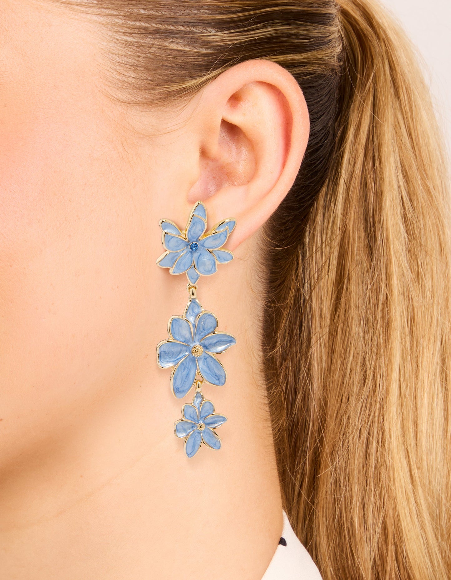 Gold Blue Triple Flower Drop Earrings