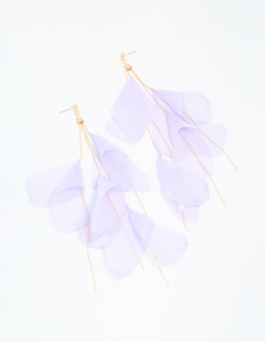 Gold Purple Fabric Petal Drop Earrings