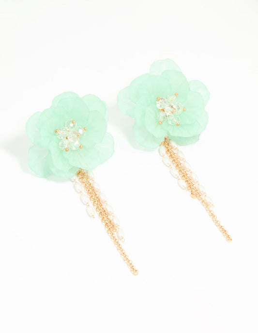 Gold Blue Flower Chain Drop Earrings