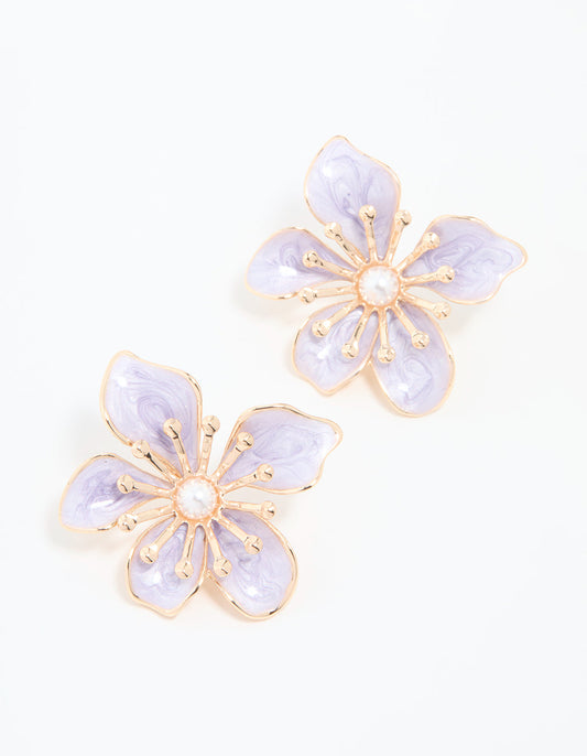Gold Purple Misshaped Flower Stud Earrings