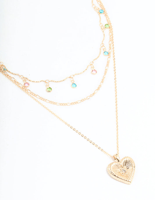 Gold Multicoloured Diamantes & Heart Layered Necklace