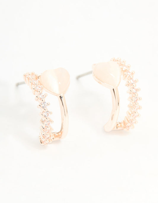 Rose Gold Plated Cubic Zirconia Double Heart Hoop Earrings