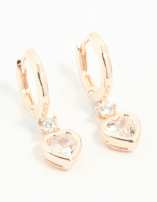 Rose Gold Plated Cubic Zirconia Heart Drop Huggie Earrings