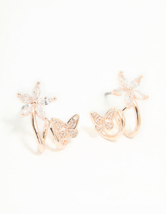 Rose Gold Plated Cubic Zirconia Flower Butterfly Ear Jacket Earrings