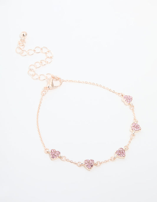 Rose Gold Plated Pink Cubic Zirconia Hearts Bracelet