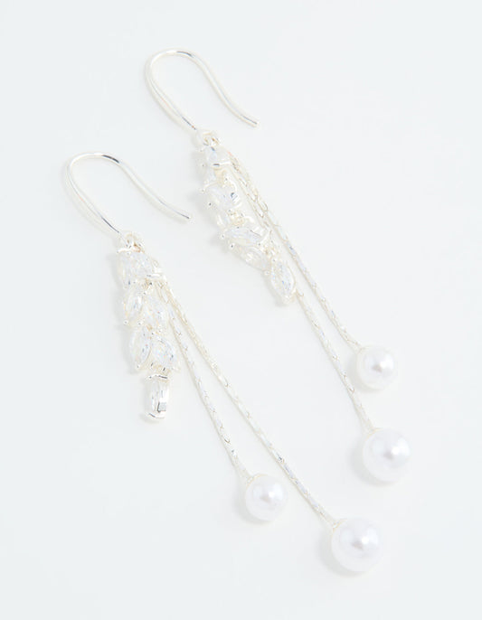 Silver Plated Cubic Zirconia Pearl Leaf Drop Hook Earrings
