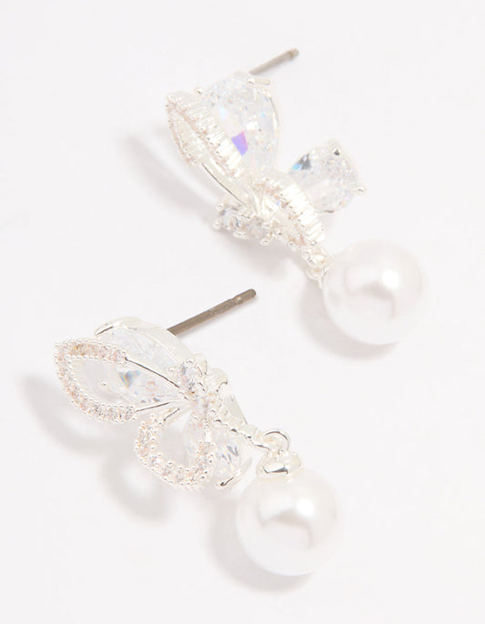 Silver Plated Cubic Zirconia Pearl Butterfly Drop Earrings