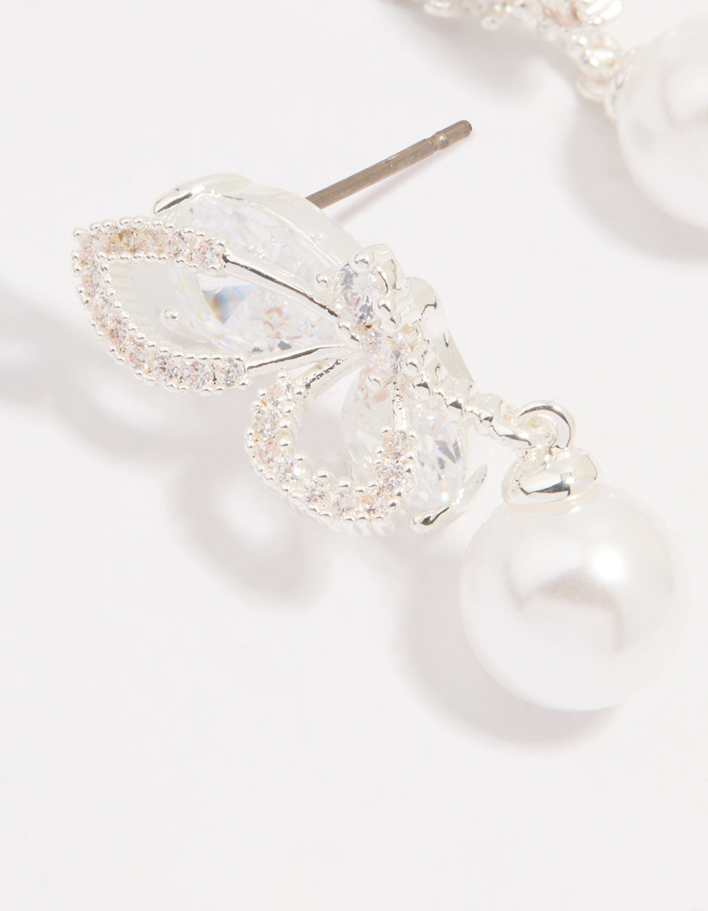 Silver Plated Cubic Zirconia Pearl Butterfly Drop Earrings
