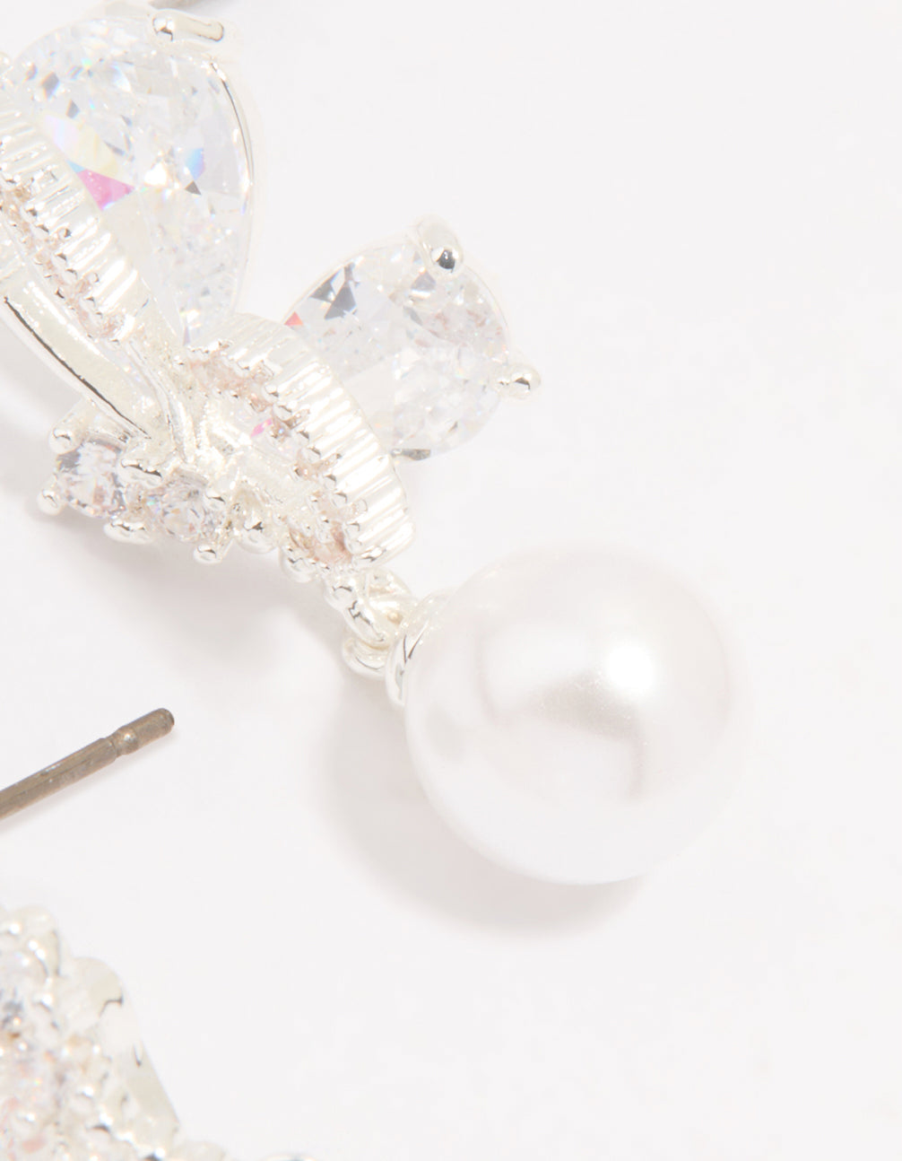 Silver Plated Cubic Zirconia Pearl Butterfly Drop Earrings