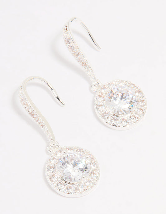 Silver Plated Cubic Zirconia Round Halo Drop Earrings