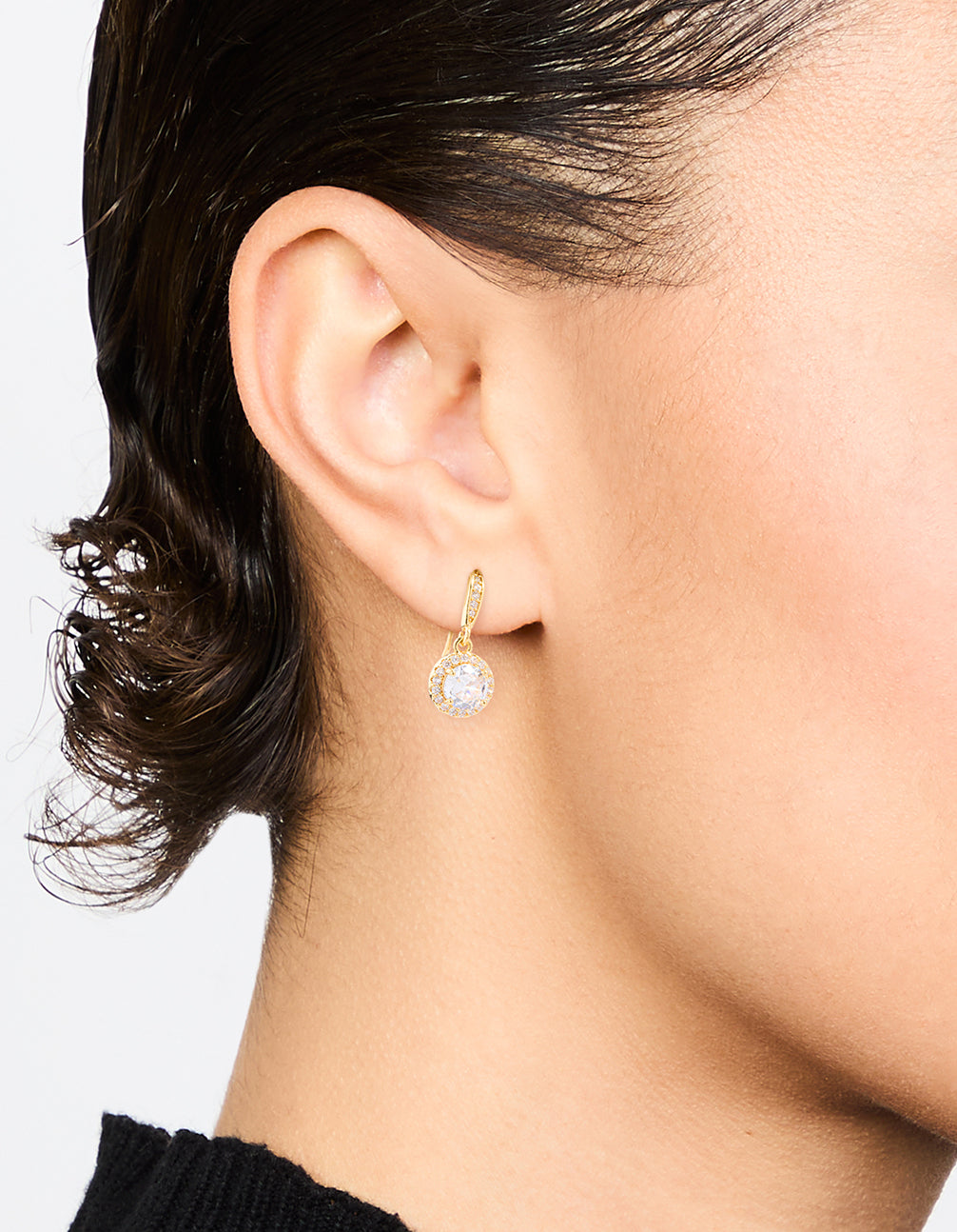 Gold Plated Cubic Zirconia Round Halo Drop Earrings