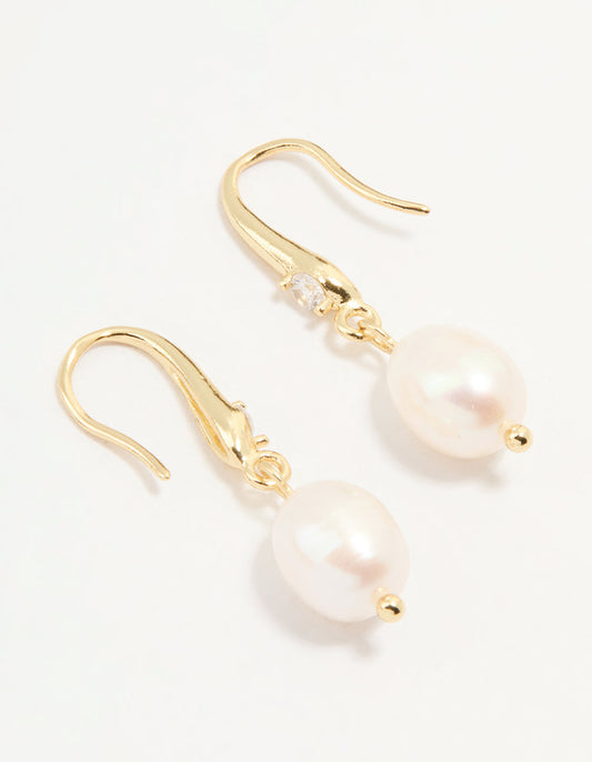 Gold Plated Cubic Zirconia Freshwater Pearl Drop Hook Earrings
