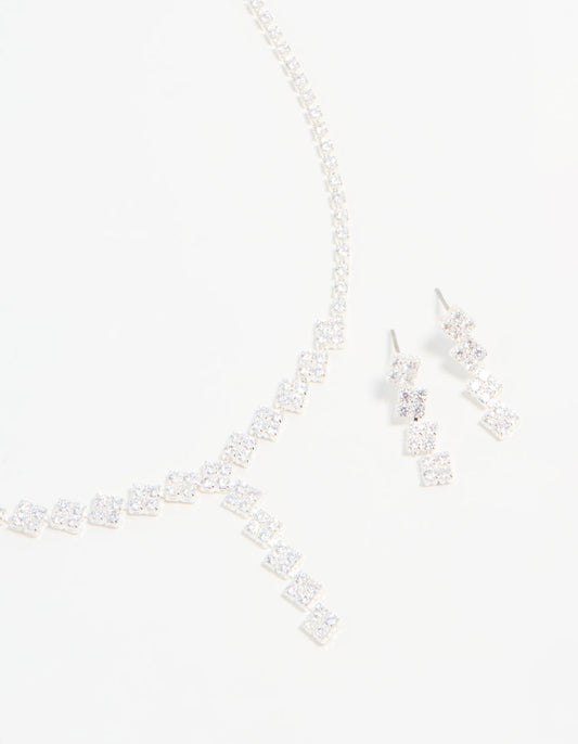 Silver Plated Cubic Zirconia Diamond Shaped Necklace & Earrings Set