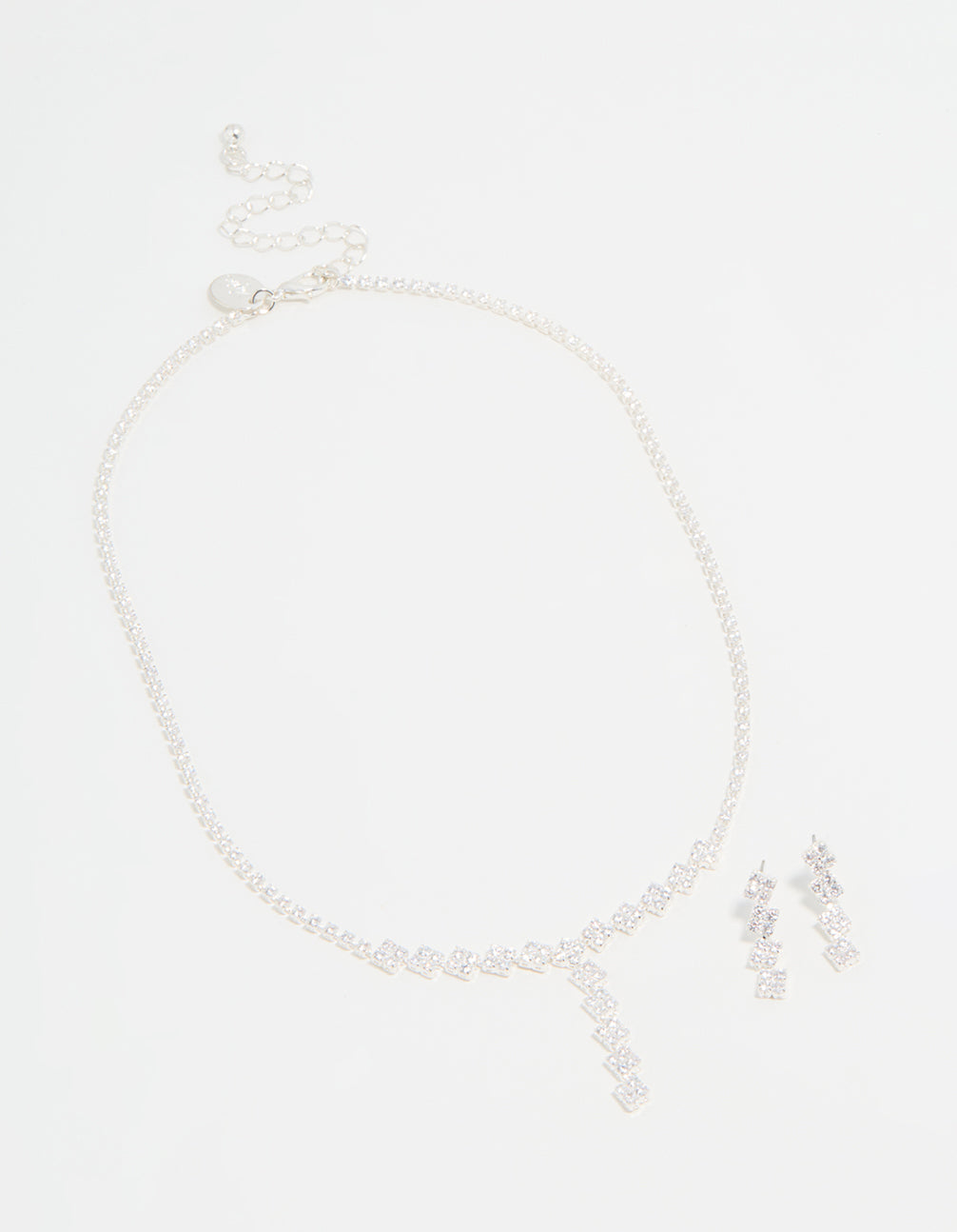 Silver Plated Cubic Zirconia Diamond Shaped Necklace & Earrings Set
