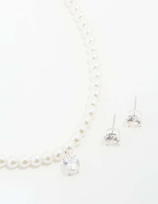 Silver Plated Pearl Cubic Zirconia Necklace & Earrings Set