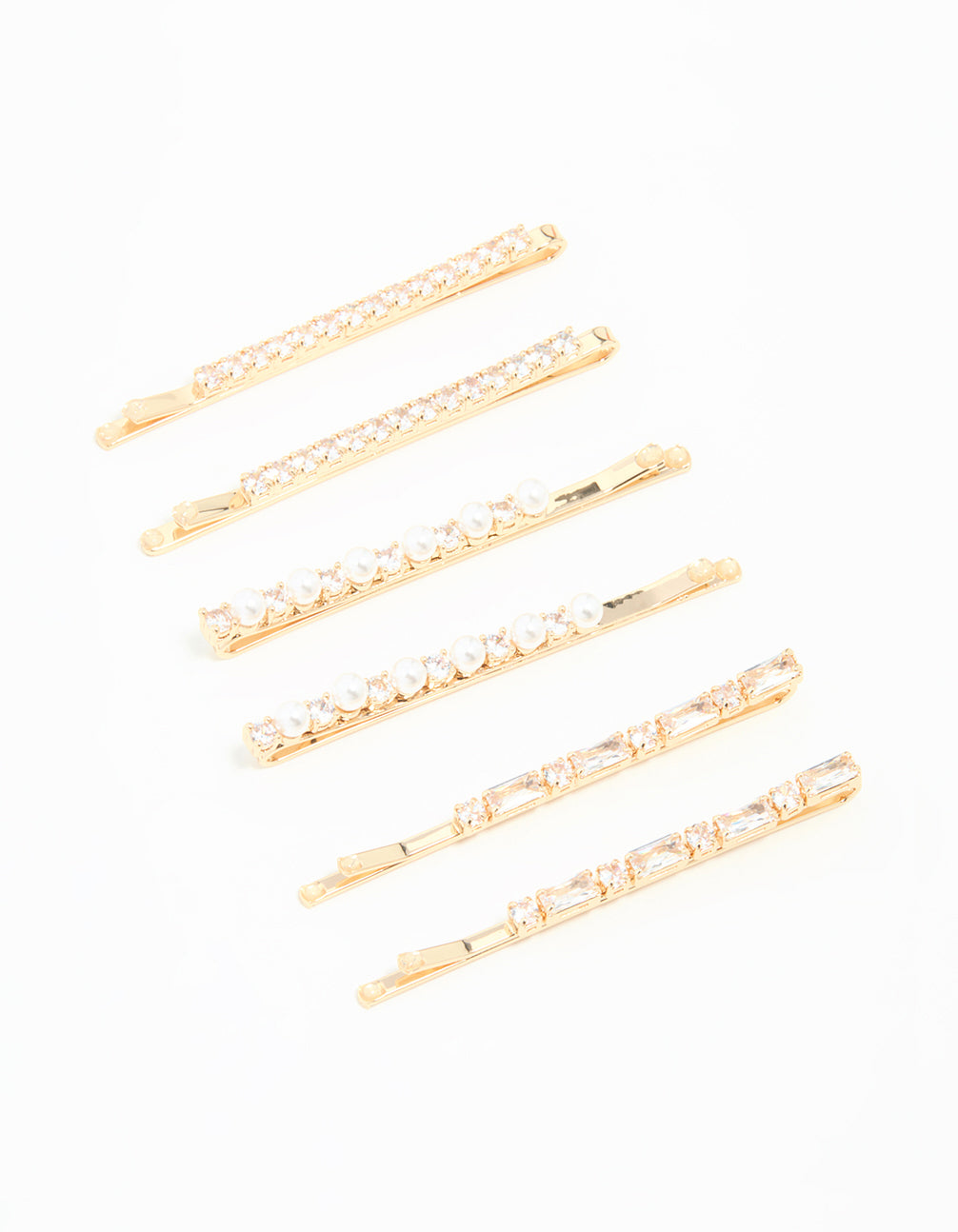 Gold Cubic Zirconia & Pearl Hair Clips 6-Pack