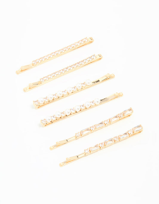 Gold Cubic Zirconia & Pearl Hair Clips 6-Pack