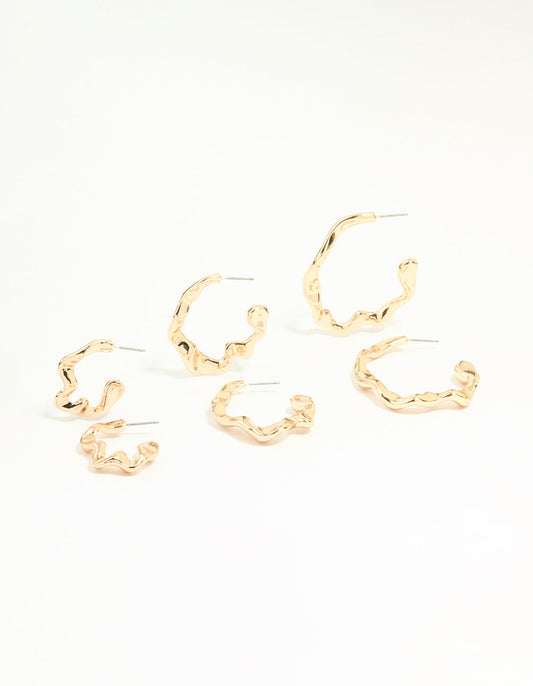 Gold Graduating Wavy Hoop Earrings 3-Pack