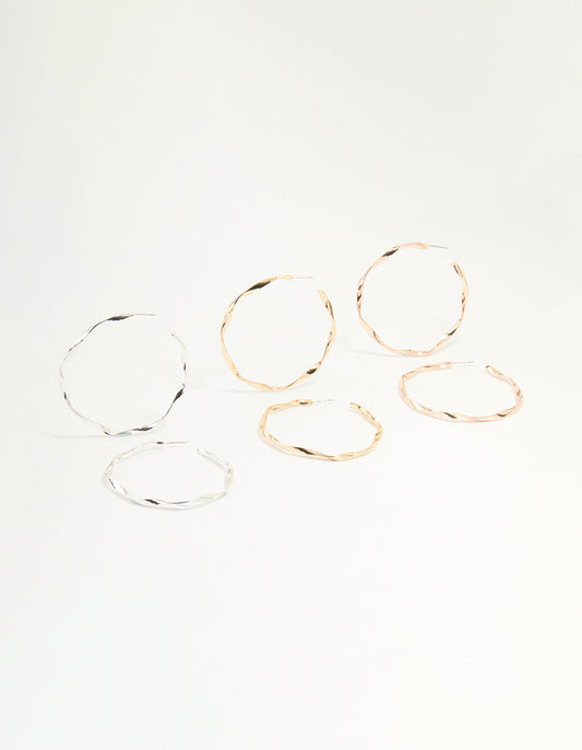 Mixed Metal Twisted Large Hoop Earrings 3-Pack