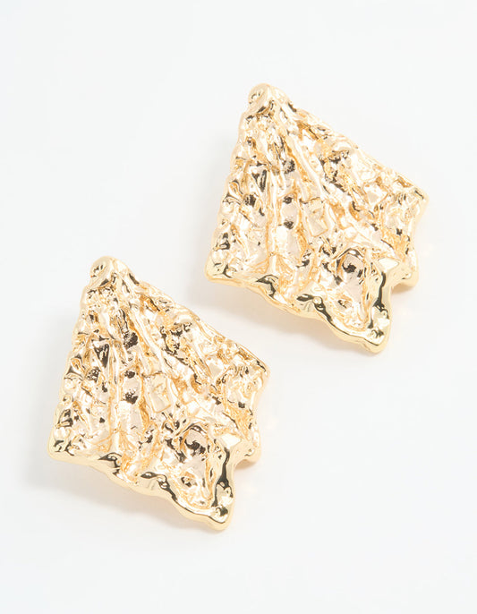 Gold Textured Diamond Shape Stud Earrings