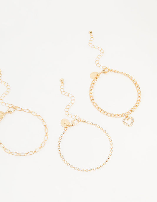 Gold Diamante Mixed Chain Heart Bracelets 3-Pack