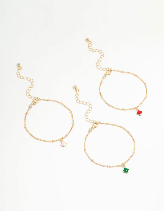 Gold Multicoloured Flower Statement Bracelets 3-Pack