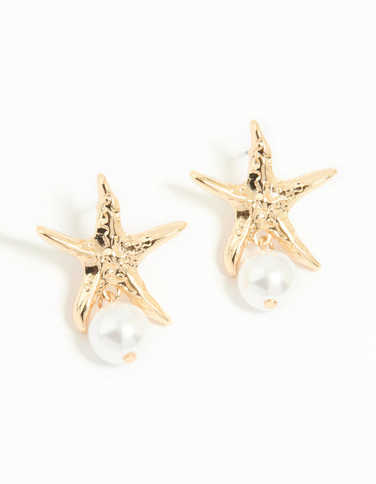 Gold Pearl Starfish Drop Earrings