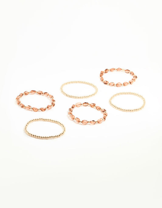 Gold Brown Beaded Stretch Bracelets 6-Pack
