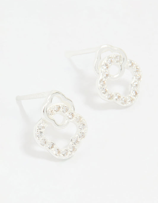 Sterling Silver Cubic Zirconia Double Flower Stud Earrings
