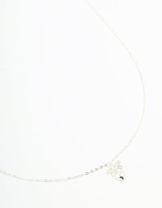Sterling Silver Bow & Heart Drop Necklace