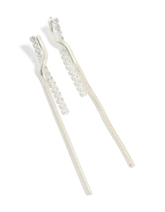 Silver Cubic Zirconia Snake Chain Drop Earrings