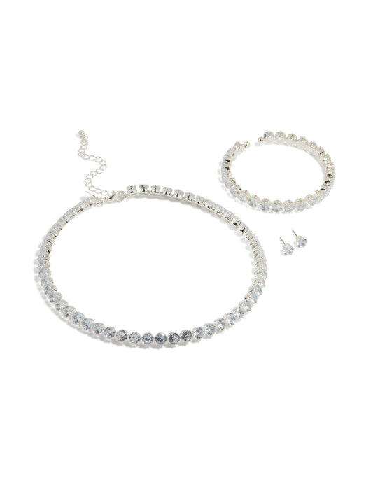 Silver Cubic Zirconia Navette Tennis Set