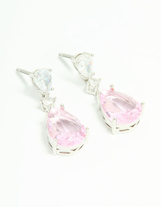 Silver Pink Cubic Zirconia Pear Drop Earrings
