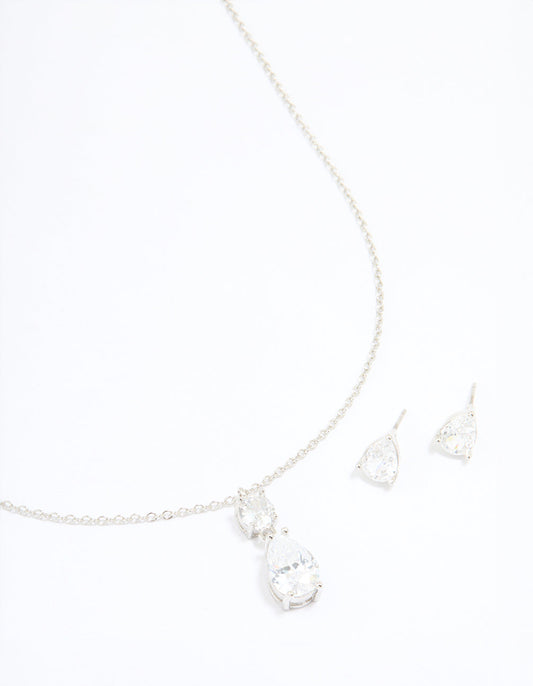 Silver Cubic Zirconia Classic Teardrop Earrings & Necklace Set