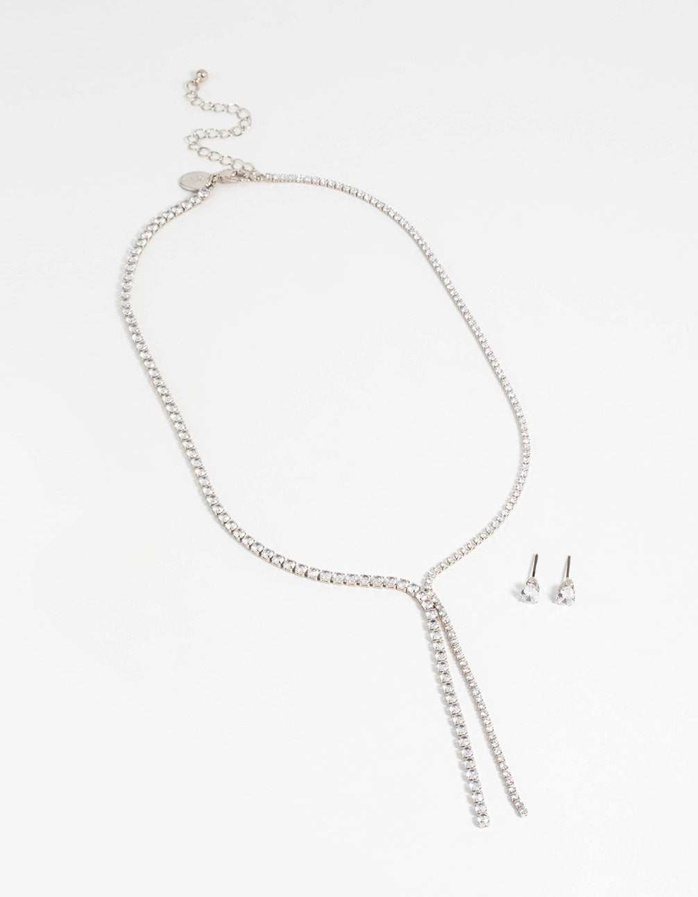 Silver Cubic Zirconia Chain Y-Necklace & Earrings Set