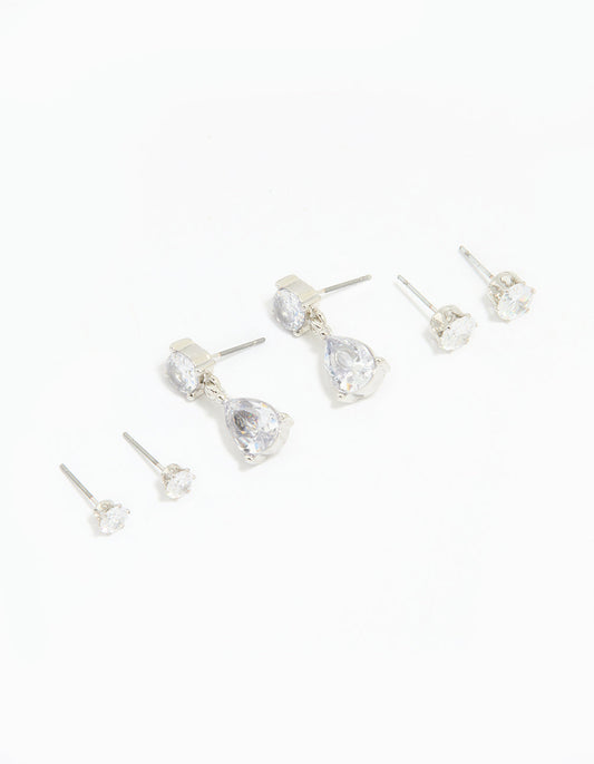 Silver Cubic Zirconia Stud & Drop Earrings 3-Pack