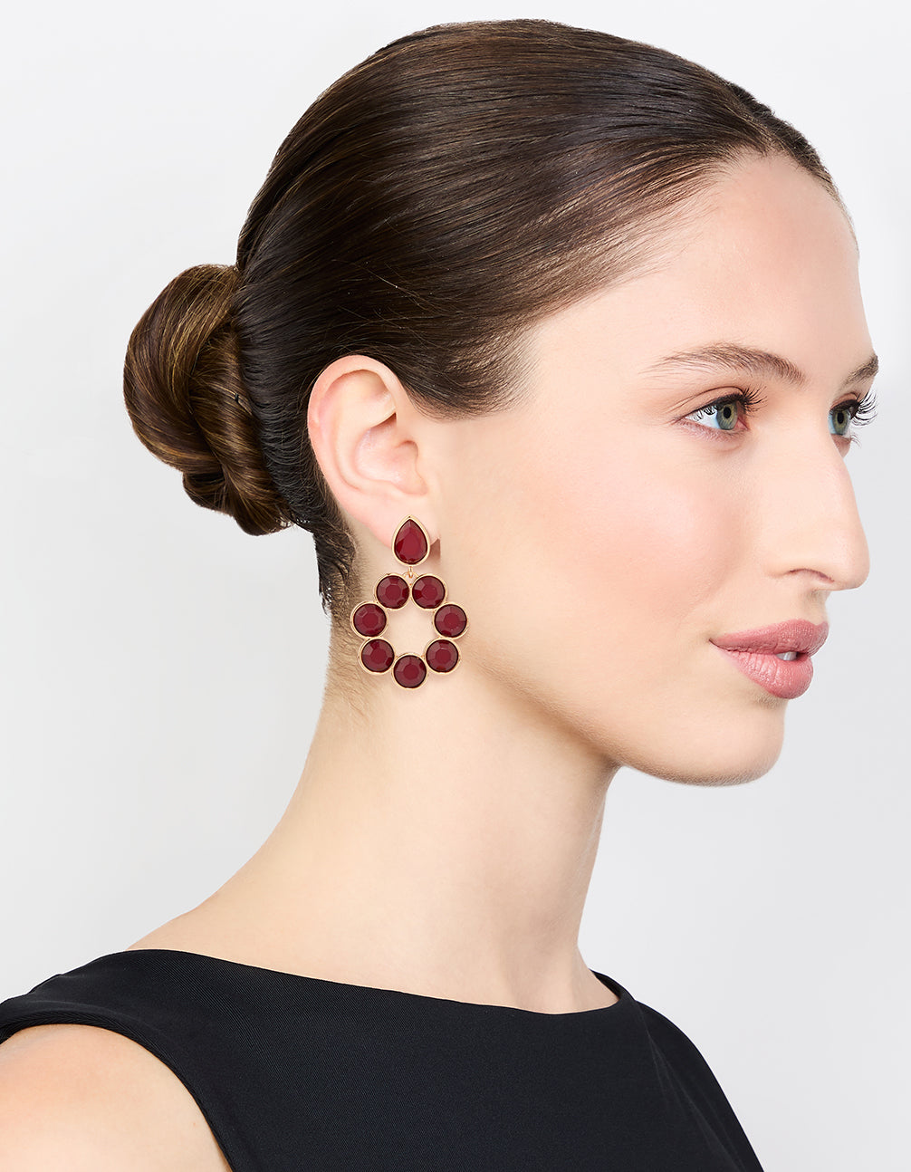 Gold Red Round Stone Drop Earrings