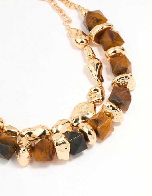 Gold Stone Hexagon & Organic Layered Necklace