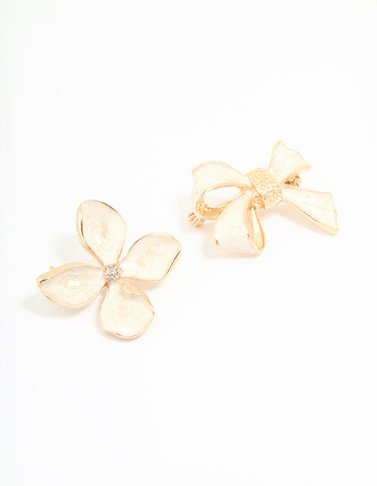 Gold Bow & Flower Brooches 2-Pack