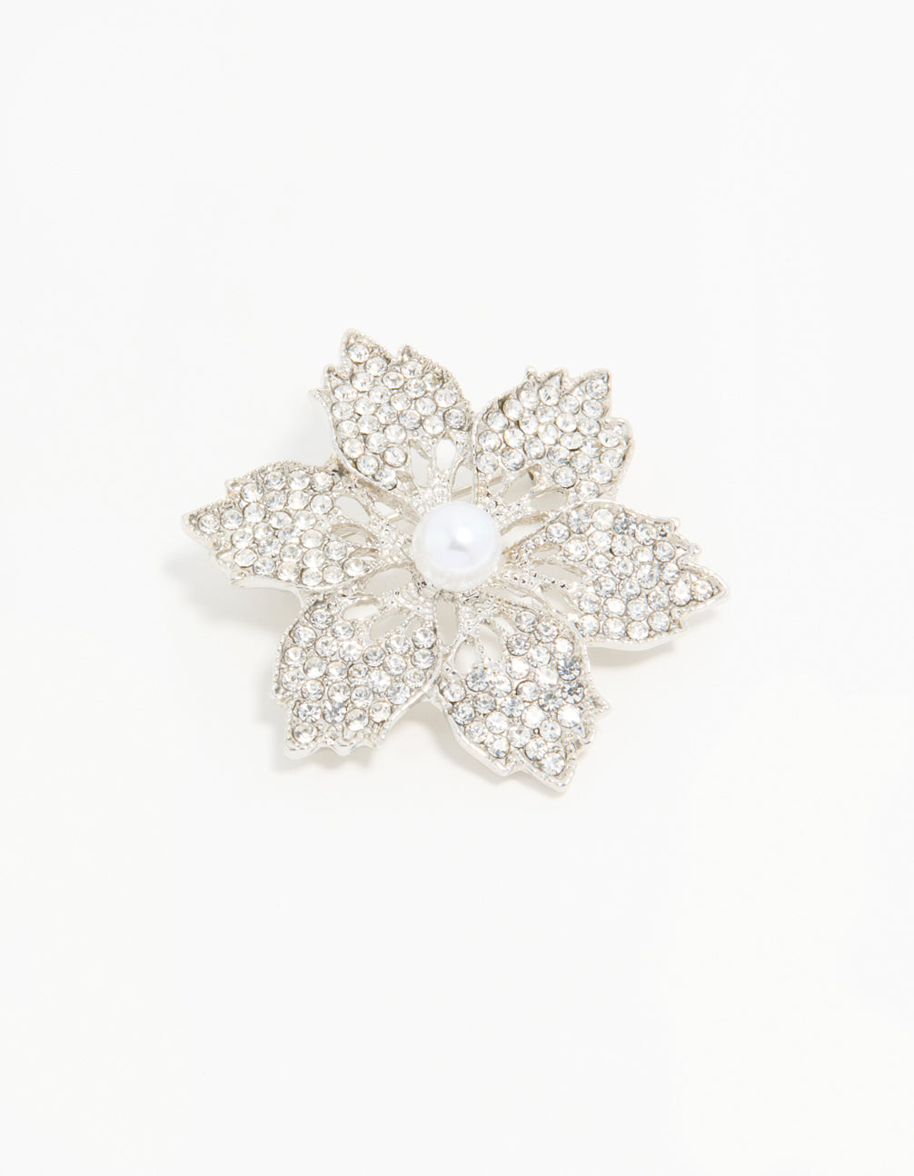Silver Diamante Pearl Floral Brooch