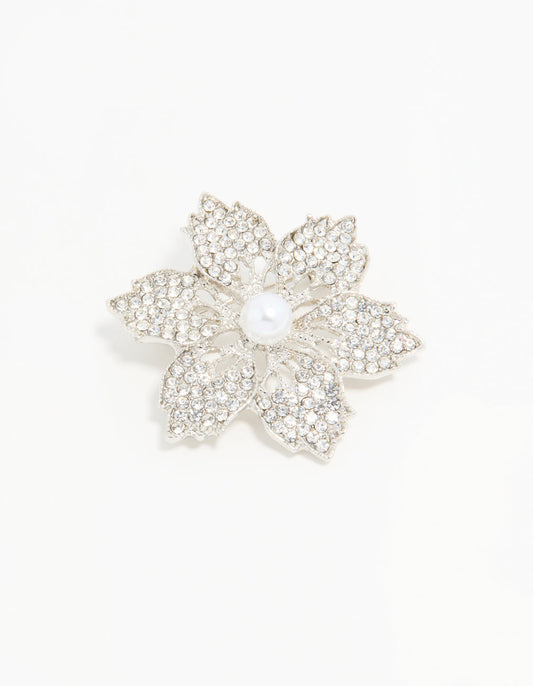 Silver Diamante Pearl Floral Brooch