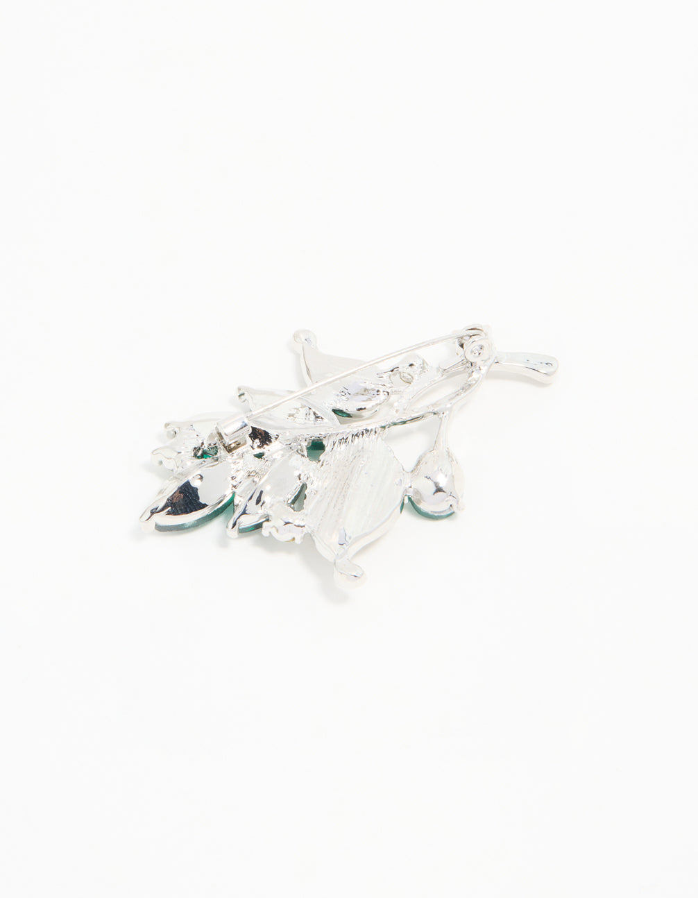 Silver Green Diamante Leaf Brooch