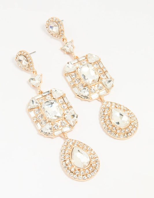 Gold Diamante Long Drop Earrings